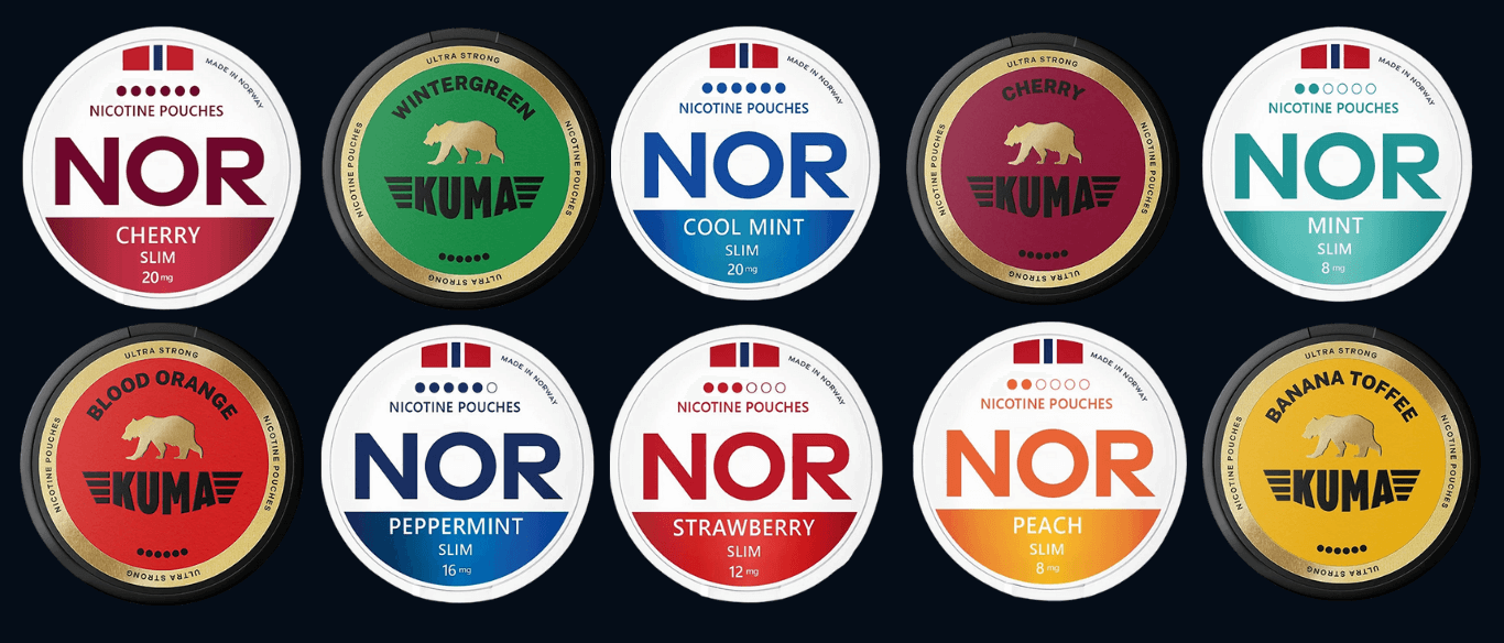 A mix of nicotine pouch cans from the brands KUMA and NOR