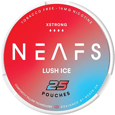 NEAFS Lush Ice nicotine pouches packaging with gradient red to blue design