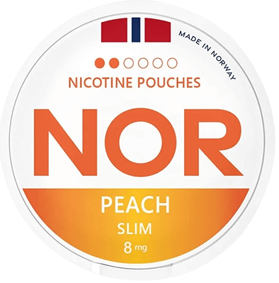 Enjoy the fresh peach taste of NOR Peach Slim nicotine pouches, a smooth tobacco-free alternative with 6 mg of nicotine per pouch