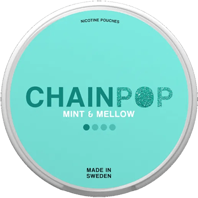 Chainpop Mint & Mellow tobacco-free nicotine pouches with a smooth mint flavor in a slim all-white pouch format.
