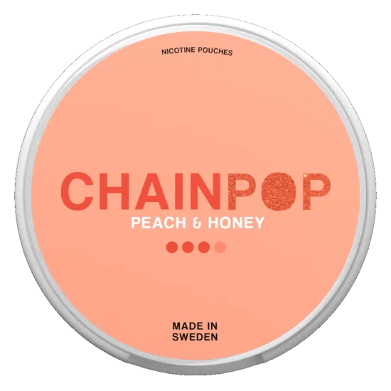 Chainpop Peach & Honey 9mg tobacco-free nicotine pouches with sweet peach and honey flavor in a slim all-white format, 20 pouches per can.