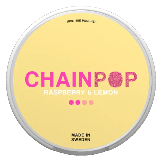 Chainpop Raspberry & Lemon 5mg tobacco-free nicotine pouches with sweet raspberry and lemon flavor in a slim all-white format, 20 pouches per can.