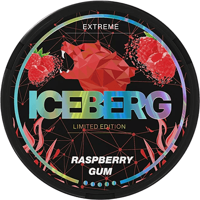 ICEBERG Raspberry Gum is a tobacco-free, all-white nicotine pouch featuring a delicious blend of sweet raspberry and classic chewing gum flavor