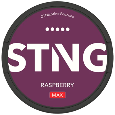 STNG Raspberry MAX nicotine pouches with 27.5 mg nicotine and intense raspberry flavor