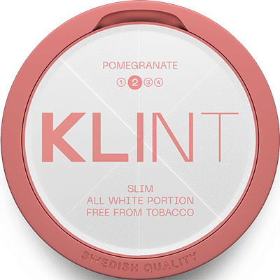 Klint Pomegranate Slim has the fresh and delicious taste of ripe pomegranate. Delivered in slim portions with a normal nicotine strength. Completely tobacco-free snus.