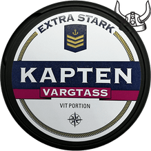 Load image into Gallery viewer, Kapten Vargtass Extra Strong White Portion has a lingering taste of lingonberry, with a traditional snus flavor as a base. It has large pouches that last for a long time as it barely drips. 