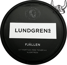 Load image into Gallery viewer, Lundgrens Fjällen is a white portion snus in a perforated bag that sits comfortably and has a low drip, with a taste of cloudberry.